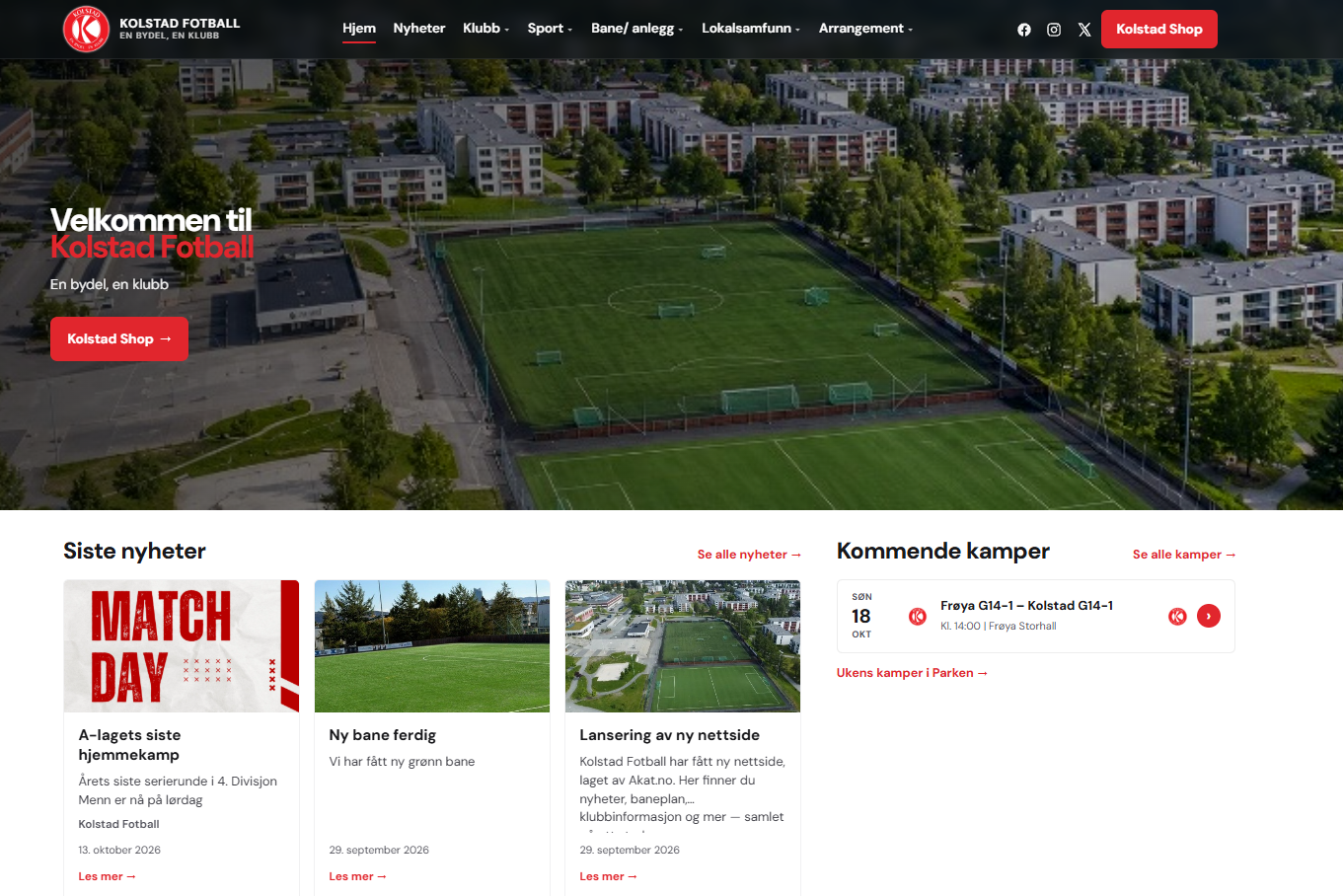 Skjermbilde av Kolstad Fotball sin nettside